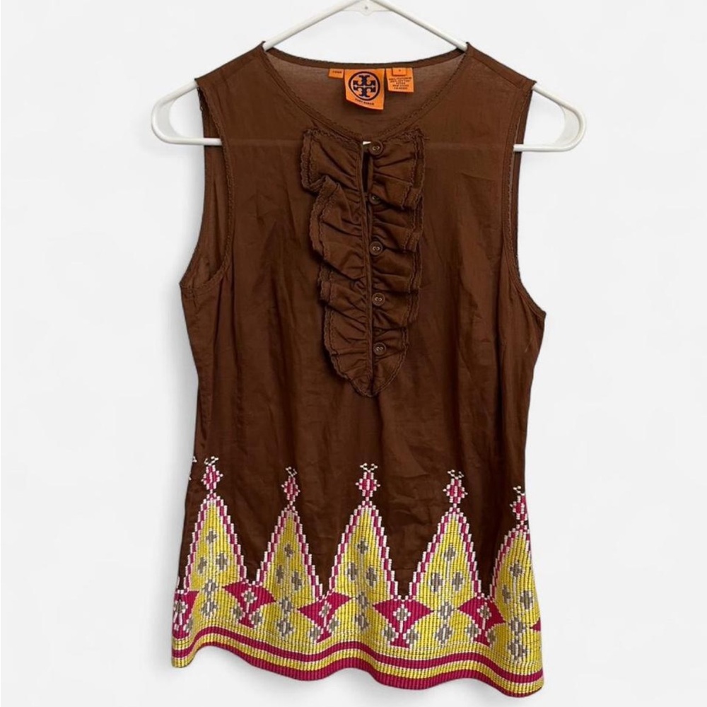 Tory Burch Brown Sleeveless Ruffle-Front Tank with Pink Yellow Embroidery Size 4